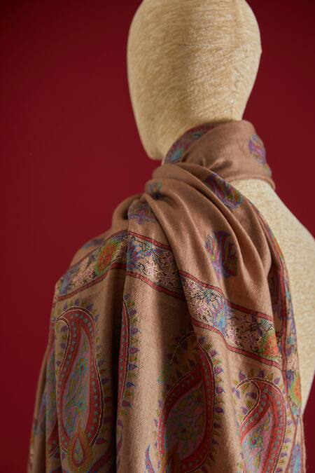 SHAZA_Brown Floral Motif Cashmere Stole _Online_at_Aza_Fashions