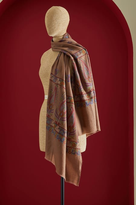 SHAZA Brown Floral Motif Cashmere Stole 