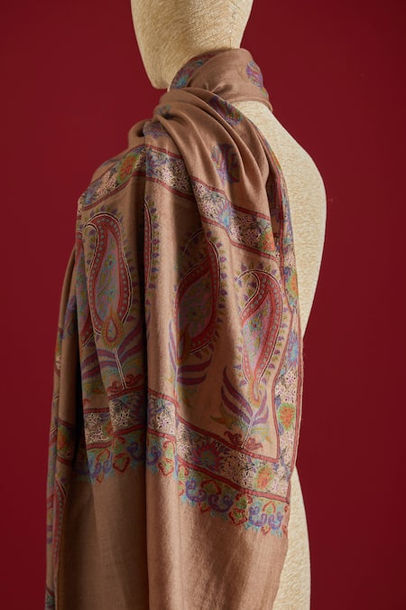 Shop_SHAZA_Brown Floral Motif Cashmere Stole _at_Aza_Fashions
