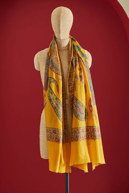 Shaza Yellow Floral Embroidered Cashmere Stole 