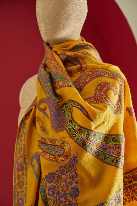 SHAZA_Yellow Floral Embroidered Cashmere Stole _Online_at_Aza_Fashions
