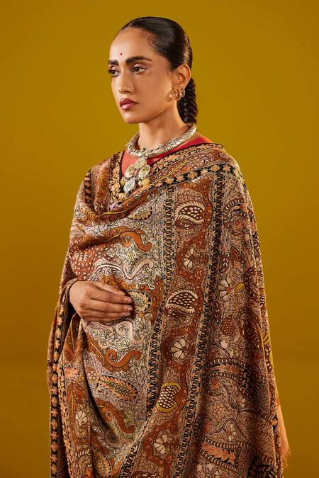 Shop SHAZA Multi Color Multicolored Kalamkari Shawl at Aza Fashions Shop_SHAZA_Multi Color Multicolored Kalamkari Shawl_at_Aza_Fashions