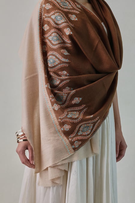 Buy_SHAZA_Brown Thread Border Embroidered Stole _Online_at_Aza_Fashions
