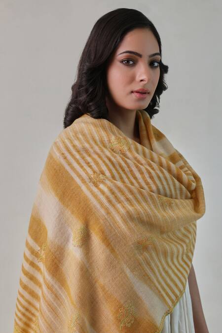 SHAZA Yellow Stripe Handloom Pashmina Woven Stole Online at Aza Fashions SHAZA_Yellow Stripe Handloom Pashmina Woven Stole _Online_at_Aza_Fashions