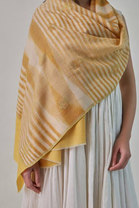 Buy SHAZA Yellow Stripe Handloom Pashmina Woven Stole Online at Aza Fashions Buy_SHAZA_Yellow Stripe Handloom Pashmina Woven Stole _Online_at_Aza_Fashions
