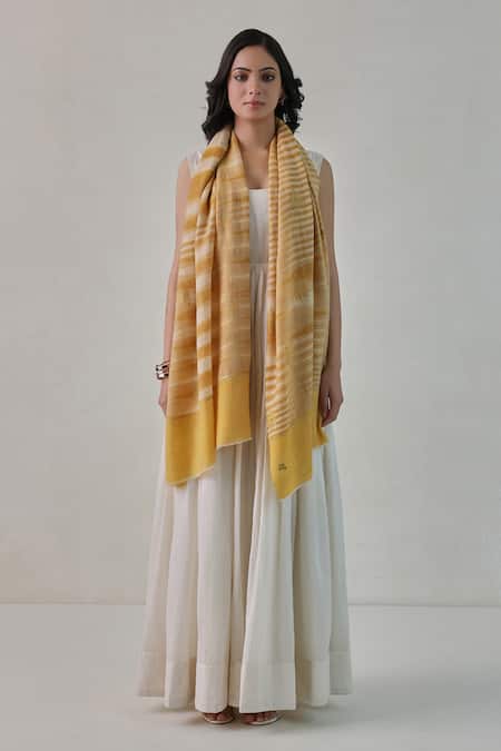 Shop SHAZA Yellow Stripe Handloom Pashmina Woven Stole at Aza Fashions Shop_SHAZA_Yellow Stripe Handloom Pashmina Woven Stole _at_Aza_Fashions