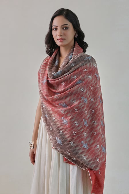 SHAZA_Red Herringbone Paisley Embroidered Stole _Online_at_Aza_Fashions