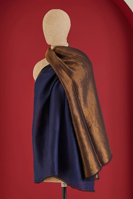 SHAZA_Blue Royal And Gold Colorblock Wool Stole_Online_at_Aza_Fashions