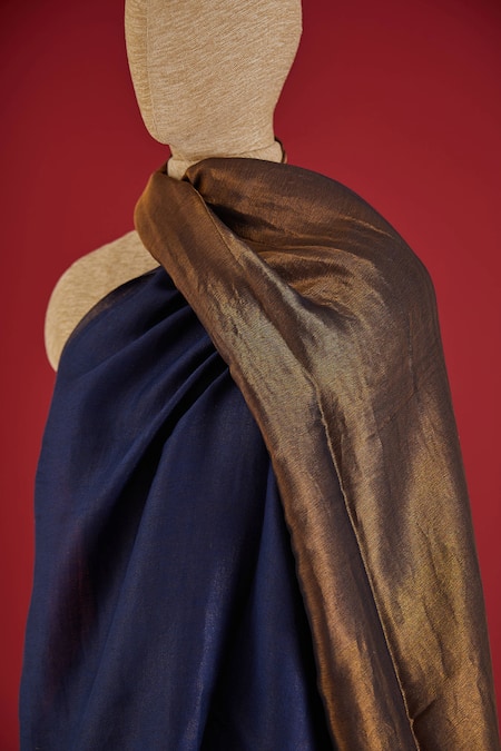 SHAZA_Blue Royal And Gold Colorblock Wool Stole_at_Aza_Fashions