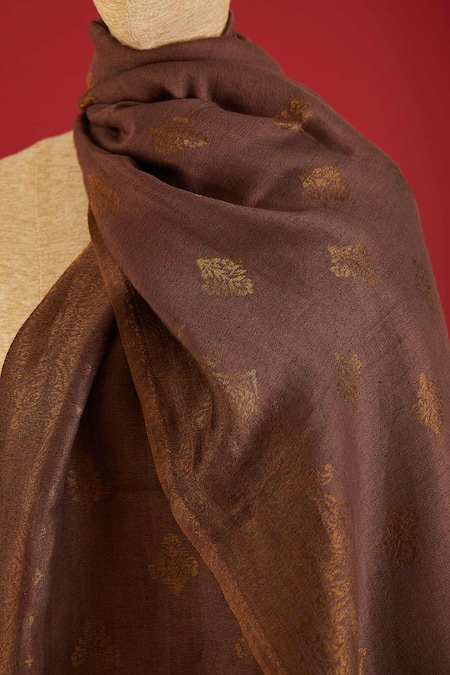SHAZA_Brown Leaf Placement Woven Stole _Online_at_Aza_Fashions