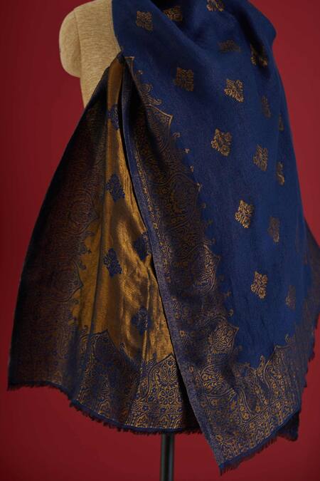 SHAZA Blue Floral Woven Colorblock Stole Online at Aza Fashions SHAZA_Blue Floral Woven Colorblock Stole_Online_at_Aza_Fashions