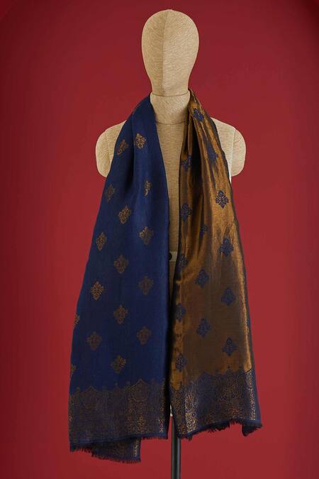 Shop SHAZA Blue Floral Woven Colorblock Stole at Aza Fashions Shop_SHAZA_Blue Floral Woven Colorblock Stole_at_Aza_Fashions