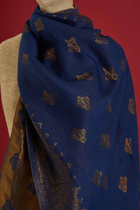 Buy SHAZA Blue Floral Woven Colorblock Stole Online at Aza Fashions Buy_SHAZA_Blue Floral Woven Colorblock Stole_Online_at_Aza_Fashions