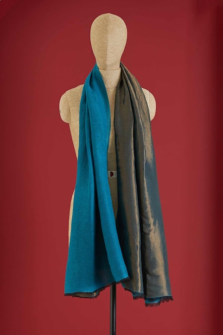 Shop SHAZA Blue Teal And Copper Gold Zari Woven Stole at Aza Fashions Shop_SHAZA_Blue Teal And Copper Gold Zari Woven Stole _at_Aza_Fashions
