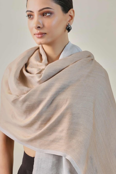 SHAZA_Beige And Grey Colorblock Reversible Stole_Online_at_Aza_Fashions