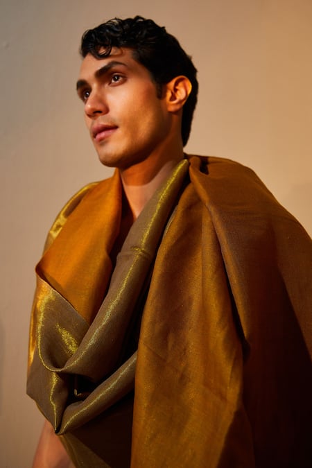 SHAZA_Gold Reversible Handloom Pashmina Shawl _Online_at_Aza_Fashions