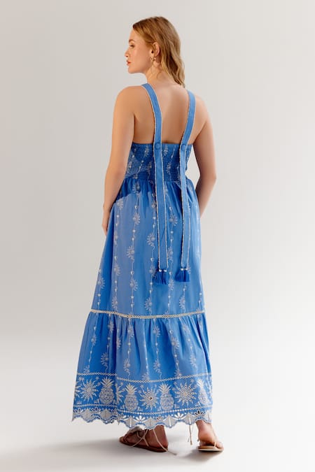 Shop NOIB Blue Cotton Embroidery Halter Neck Maxi Dress at Aza Fashions Shop_NOIB_Blue Cotton Embroidery Halter Neck Maxi Dress _at_Aza_Fashions