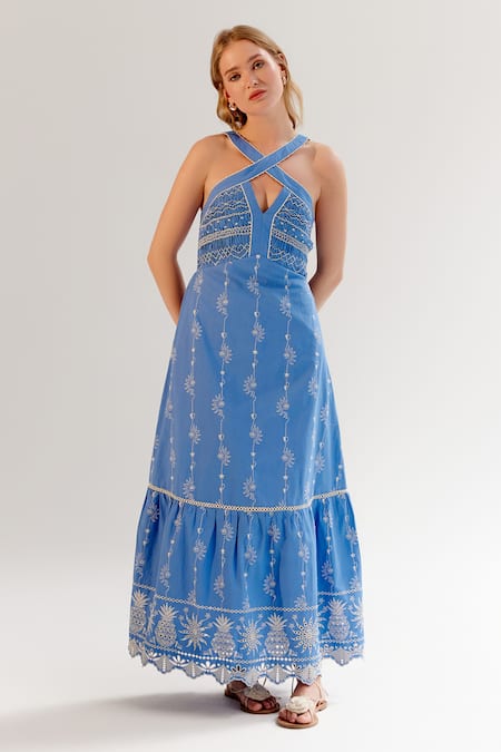 Buy NOIB Blue Cotton Embroidery Halter Neck Maxi Dress Online at Aza Fashions Buy_NOIB_Blue Cotton Embroidery Halter Neck Maxi Dress _Online_at_Aza_Fashions