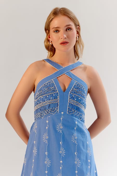 Shop NOIB Blue Cotton Embroidery Halter Neck Maxi Dress Online at Aza Fashions Shop_NOIB_Blue Cotton Embroidery Halter Neck Maxi Dress _Online_at_Aza_Fashions