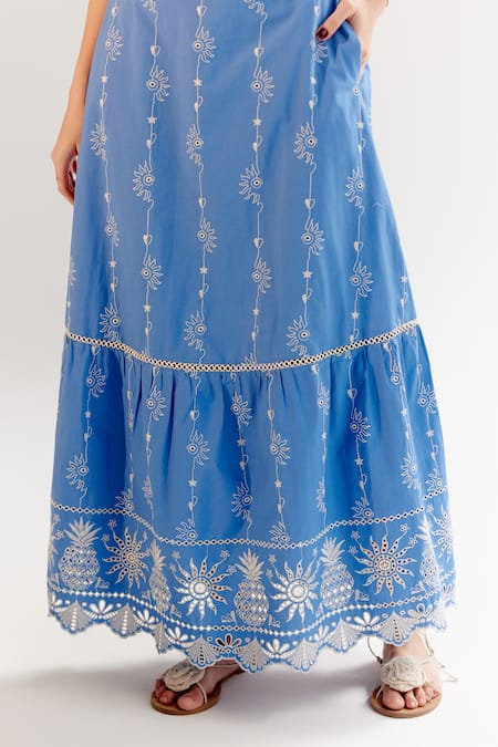 NOIB Blue Cotton Embroidery Halter Neck Maxi Dress at Aza Fashions NOIB_Blue Cotton Embroidery Halter Neck Maxi Dress _at_Aza_Fashions
