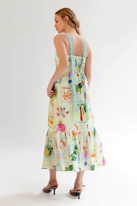 Shop NOIB Green Viscose, Linen Halter Neck Sea Postcard Print Midi Dress at Aza Fashions Shop_NOIB_Green Viscose, Linen Halter Neck Sea Postcard Print Midi Dress _at_Aza_Fashions