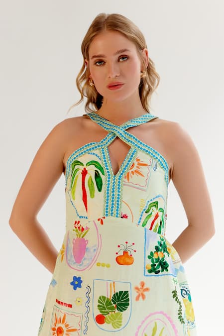 NOIB Green Viscose, Linen Halter Neck Sea Postcard Print Midi Dress Online at Aza Fashions NOIB_Green Viscose, Linen Halter Neck Sea Postcard Print Midi Dress _Online_at_Aza_Fashions
