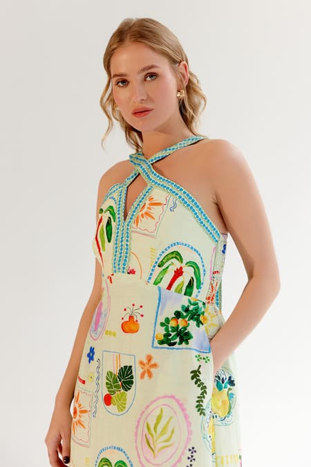 Buy NOIB Green Viscose, Linen Halter Neck Sea Postcard Print Midi Dress Online at Aza Fashions Buy_NOIB_Green Viscose, Linen Halter Neck Sea Postcard Print Midi Dress _Online_at_Aza_Fashions