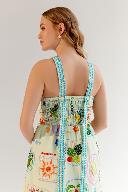 NOIB Green Viscose, Linen Halter Neck Sea Postcard Print Midi Dress at Aza Fashions NOIB_Green Viscose, Linen Halter Neck Sea Postcard Print Midi Dress _at_Aza_Fashions