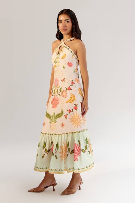 NOIB_Multi Color Viscose, Linen Embroidery Halter Floral Sea Shell Print Midi Dress _Online_at_Aza_Fashions