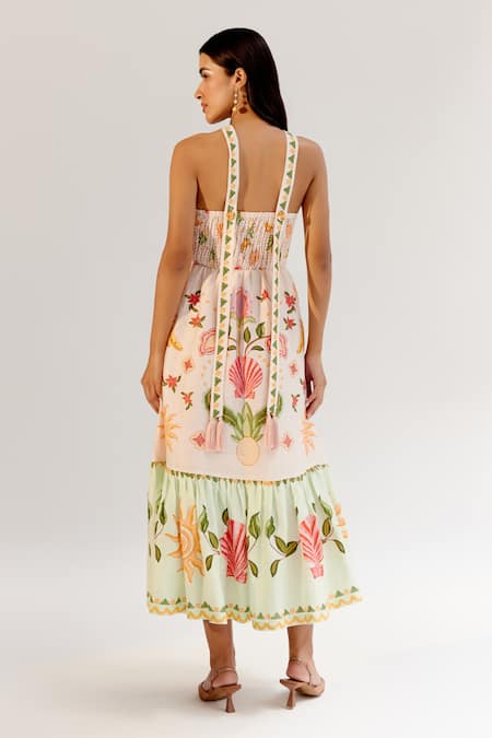 Shop_NOIB_Multi Color Viscose, Linen Embroidery Halter Floral Sea Shell Print Midi Dress _at_Aza_Fashions