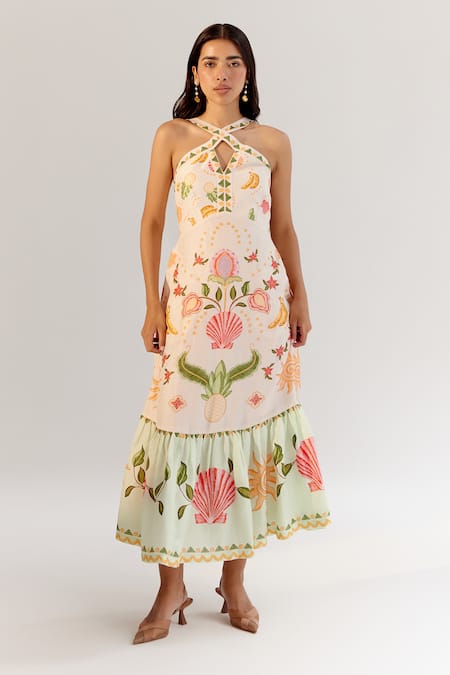 Buy_NOIB_Multi Color Viscose, Linen Embroidery Halter Floral Sea Shell Print Midi Dress _Online_at_Aza_Fashions