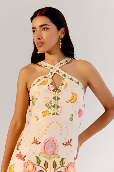 Shop_NOIB_Multi Color Viscose, Linen Embroidery Halter Floral Sea Shell Print Midi Dress _Online_at_Aza_Fashions