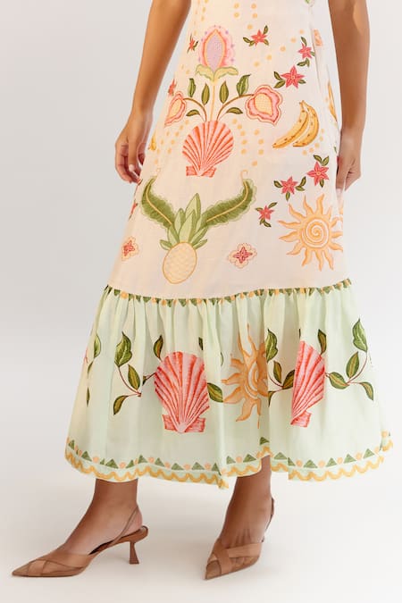 NOIB_Multi Color Viscose, Linen Embroidery Halter Floral Sea Shell Print Midi Dress _at_Aza_Fashions