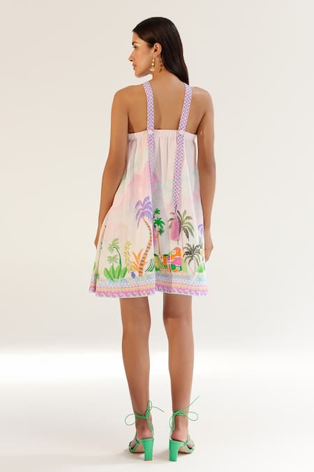 Shop NOIB Multi Color Viscose Halter Neck Placement Print Dress at Aza Fashions Shop_NOIB_Multi Color Viscose Halter Neck Placement Print Dress _at_Aza_Fashions