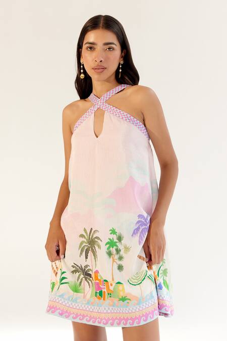 Buy NOIB Multi Color Viscose Halter Neck Placement Print Dress Online at Aza Fashions Buy_NOIB_Multi Color Viscose Halter Neck Placement Print Dress _Online_at_Aza_Fashions