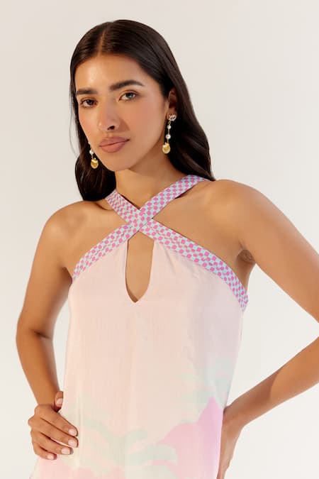 NOIB Multi Color Viscose Halter Neck Placement Print Dress at Aza Fashions NOIB_Multi Color Viscose Halter Neck Placement Print Dress _at_Aza_Fashions