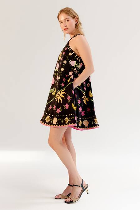 Buy NOIB Black Viscose, Linen Halter Neck Printed Dress Online at Aza Fashions Buy_NOIB_Black Viscose, Linen Halter Neck Printed Dress _Online_at_Aza_Fashions