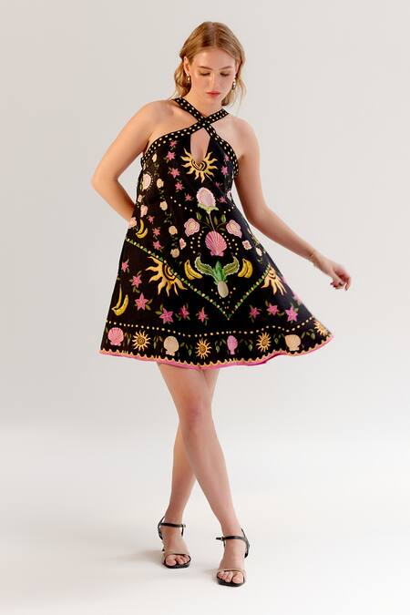 Shop NOIB Black Viscose, Linen Halter Neck Printed Dress Online at Aza Fashions Shop_NOIB_Black Viscose, Linen Halter Neck Printed Dress _Online_at_Aza_Fashions