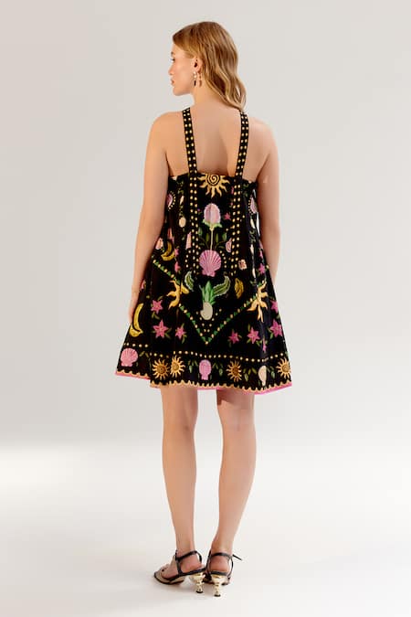 NOIB Black Viscose, Linen Halter Neck Printed Dress Online at Aza Fashions NOIB_Black Viscose, Linen Halter Neck Printed Dress _Online_at_Aza_Fashions