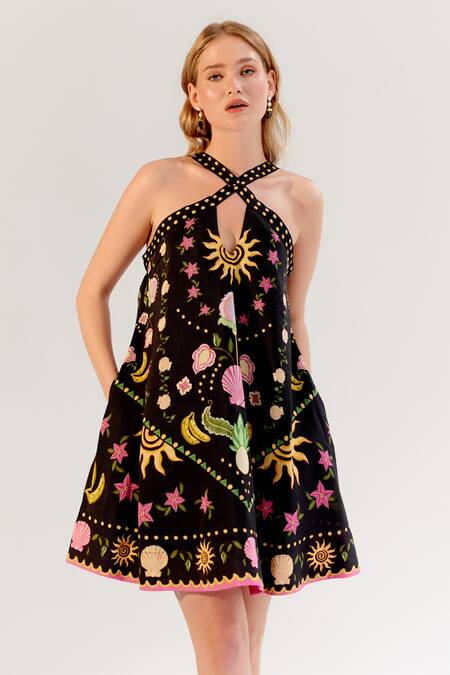 NOIB Black Viscose, Linen Halter Neck Printed Dress at Aza Fashions NOIB_Black Viscose, Linen Halter Neck Printed Dress _at_Aza_Fashions