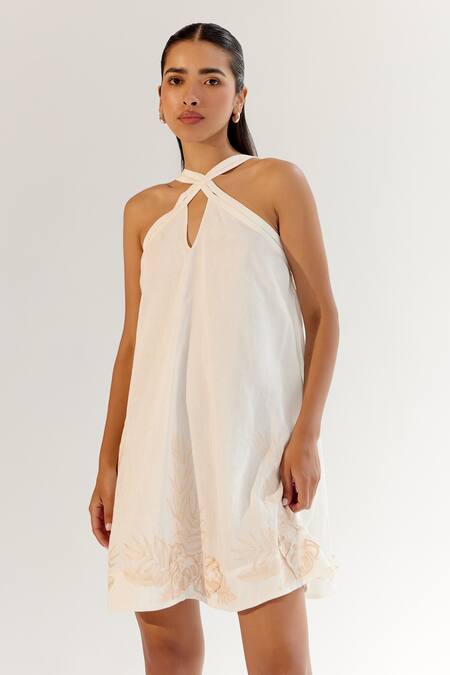 Buy NOIB White Linen Applique Halter Neck Floral Dress Online at Aza Fashions Buy_NOIB_White Linen Applique Halter Neck Floral Dress _Online_at_Aza_Fashions
