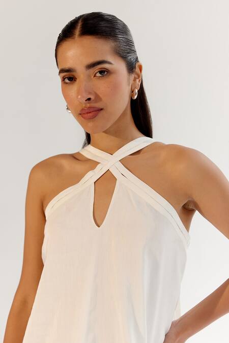 Shop NOIB White Linen Applique Halter Neck Floral Dress Online at Aza Fashions Shop_NOIB_White Linen Applique Halter Neck Floral Dress _Online_at_Aza_Fashions