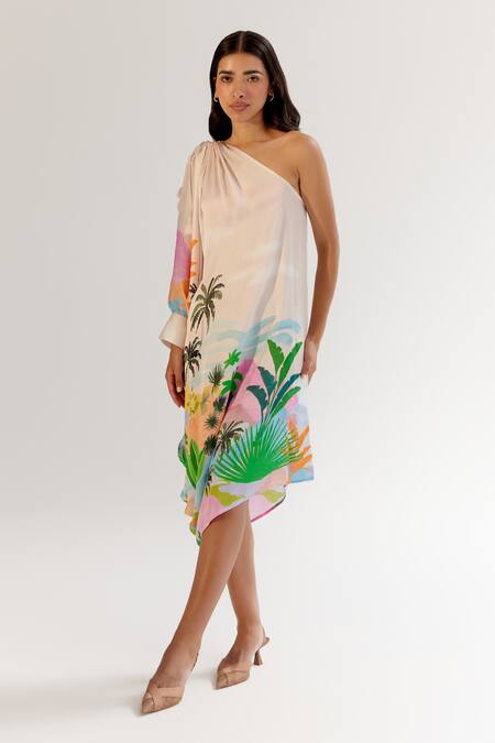 NOIB_Multi Color Viscose, Georgette Asymmetric By The Sea Print Midi Dress _Online_at_Aza_Fashions
