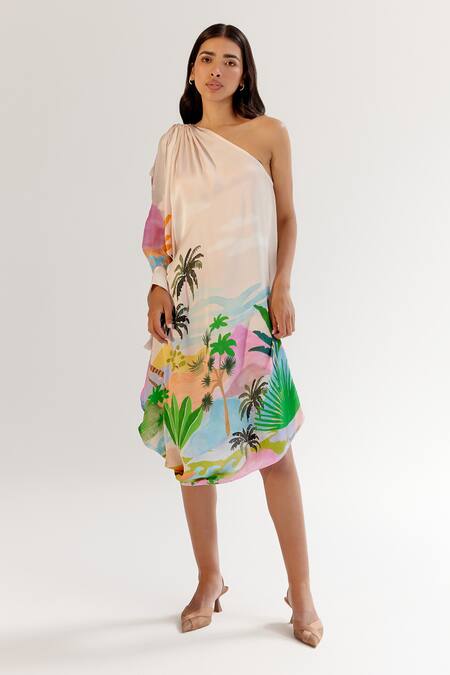 Buy_NOIB_Multi Color Viscose, Georgette Asymmetric By The Sea Print Midi Dress _Online_at_Aza_Fashions