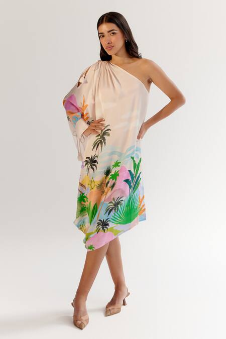Shop_NOIB_Multi Color Viscose, Georgette Asymmetric By The Sea Print Midi Dress _Online_at_Aza_Fashions