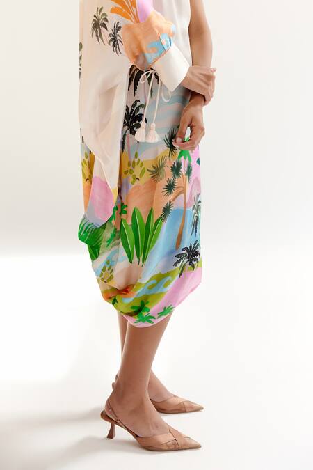 NOIB_Multi Color Viscose, Georgette Asymmetric By The Sea Print Midi Dress _at_Aza_Fashions