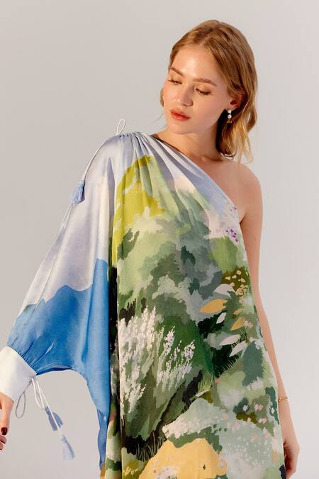 NOIB Multi Color Viscose, Georgette Asymmetric Forest Print Dress Online at Aza Fashions NOIB_Multi Color Viscose, Georgette Asymmetric Forest Print Dress _Online_at_Aza_Fashions