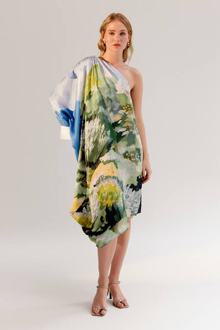 Buy NOIB Multi Color Viscose, Georgette Asymmetric Forest Print Dress Online at Aza Fashions Buy_NOIB_Multi Color Viscose, Georgette Asymmetric Forest Print Dress _Online_at_Aza_Fashions