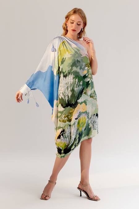 Shop NOIB Multi Color Viscose, Georgette Asymmetric Forest Print Dress Online at Aza Fashions Shop_NOIB_Multi Color Viscose, Georgette Asymmetric Forest Print Dress _Online_at_Aza_Fashions