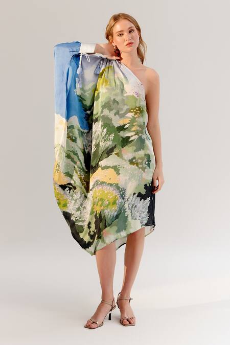 NOIB Multi Color Viscose, Georgette Asymmetric Forest Print Dress at Aza Fashions NOIB_Multi Color Viscose, Georgette Asymmetric Forest Print Dress _at_Aza_Fashions